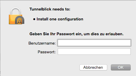 Screenshot: user name and password for tunnelblick