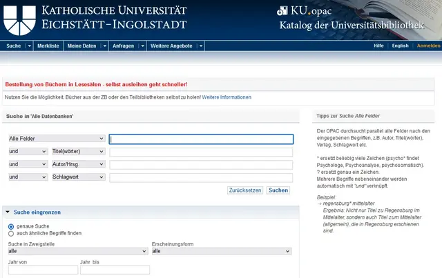 Screenshot vom OPAC im Januar 2025