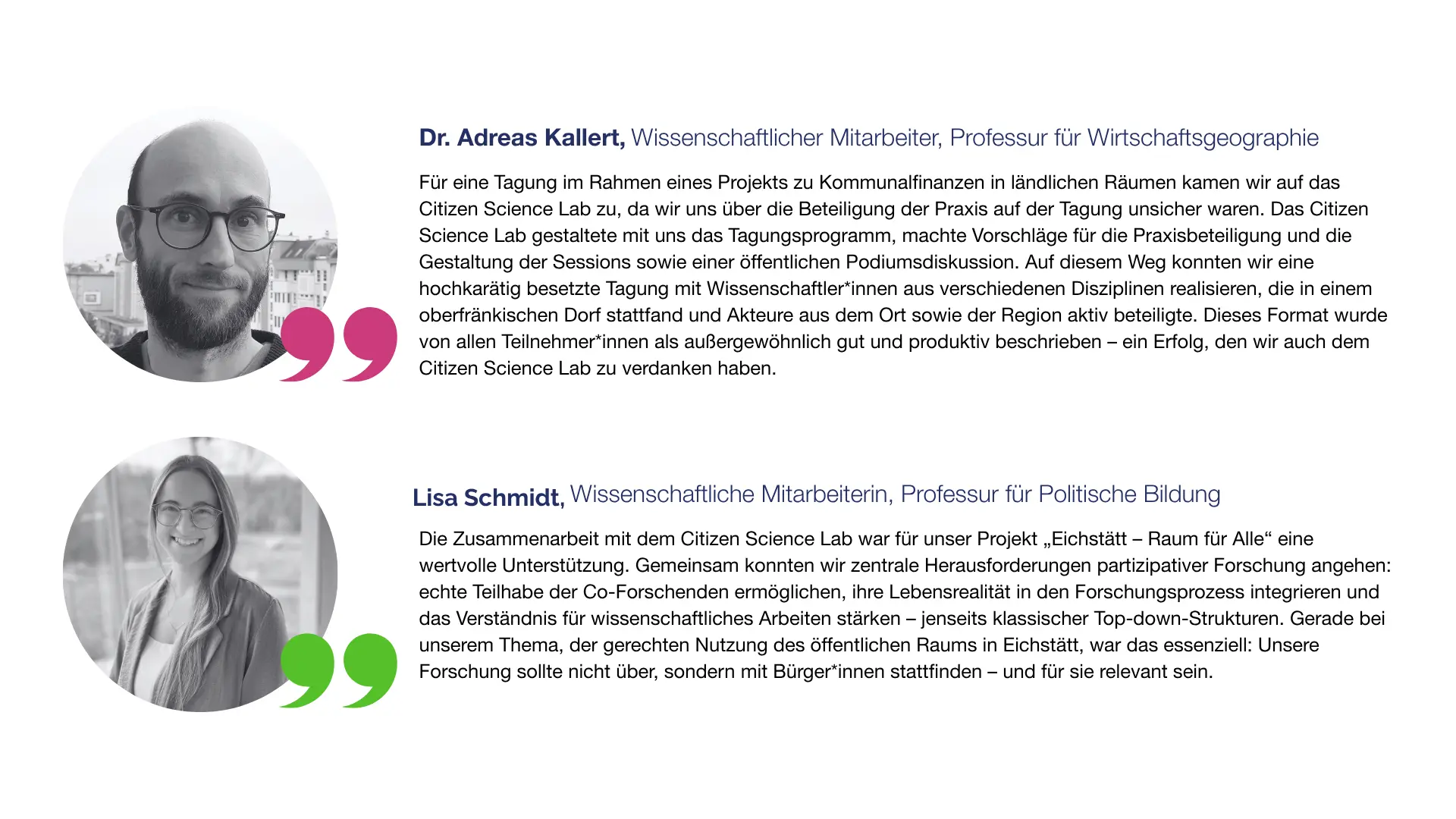 Zwei Porträtbilder von Dr. Andreas Kallert und Lisa Schmidt mit Zitaten der beiden zur Zusammenarbeit mit dem Citizen Science Lab