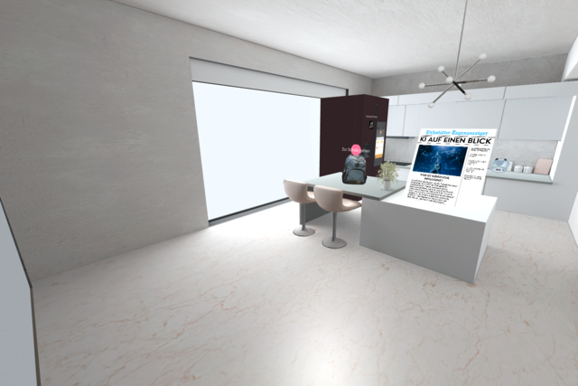 Zu sehen ist eine Küche in Virtual Reality. Eine Zeitung auf der Theke informiert über KI